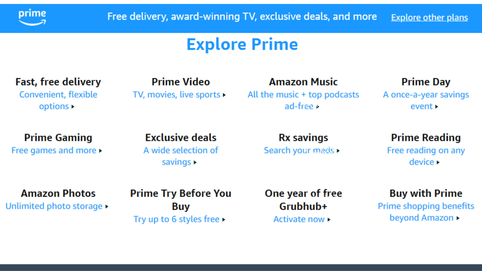 Screenshot of Amazon Prime subscription benefits as an example of a loyalty program best practice